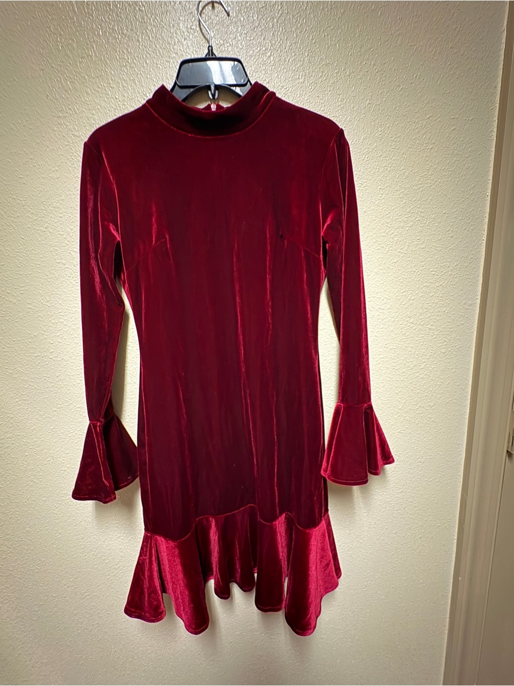 Red Velvet Long-Sleeve Ruffle Hem Dress